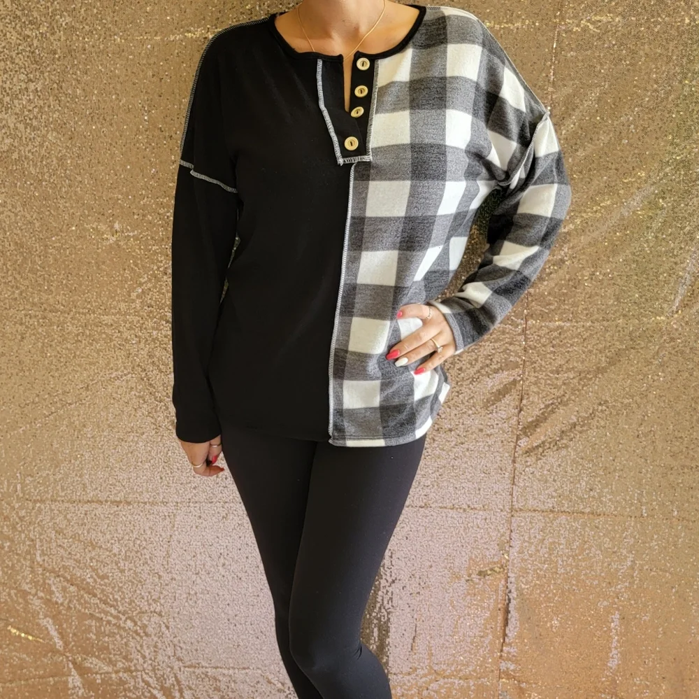 Plaid Half and Half Button Down Knit Top - Picture 8 of 9